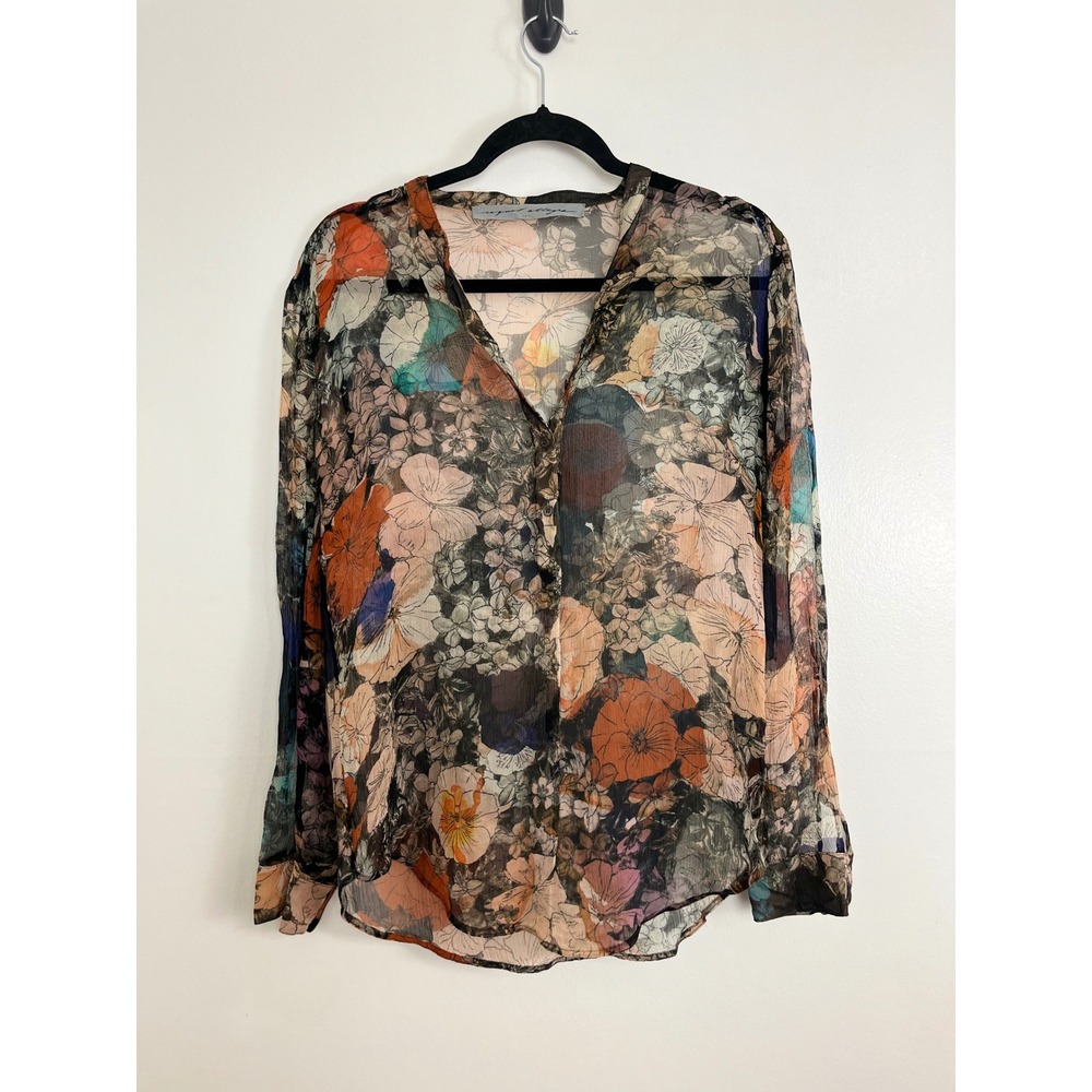 Raquel Allegra Boho Floral Silk Blouse Small 1 Multi Sheer Button Down Top